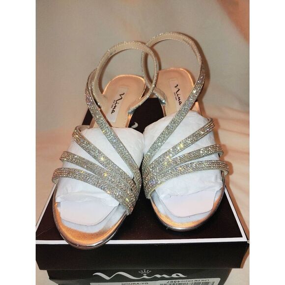 Nina Noura Women's Size 7.5 M Silver Sora Glitter Rhinestone Sandal Heel - Picture 2 of 7
